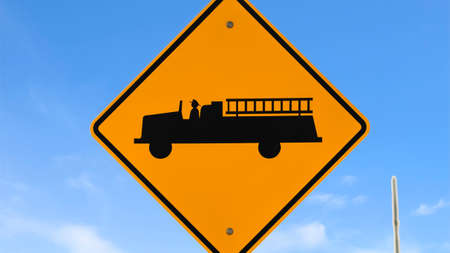 Panorama frame Fire Station Advance Warning sign beside a road with cloudy blue sky background