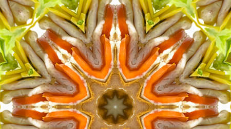 Panorama frame Close up of a sandwich in an octogon shape. Geometric kaleidoscope pattern on mirrored axis of symmetry reflection. Colorful shapes as a wallpaper for advertising background or backdrop.の写真素材