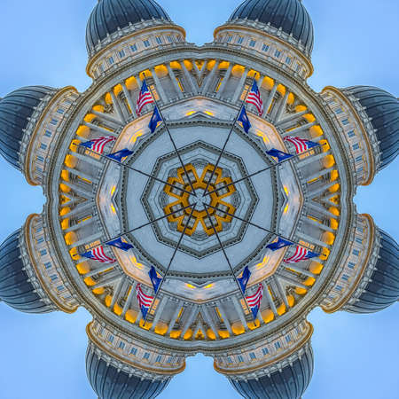 Square Emblem design with the Utah Capital Building. Geometric kaleidoscope pattern on mirrored axis...