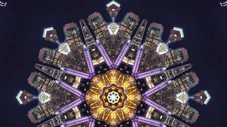 Panorama Pattern made with city skyline of San Francisco. Geometric kaleidoscope pattern on mirrored axis of symmetry reflection. Colorful shapes as a wallpaper for advertising background or backdrop.の写真素材