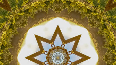 Panorama frame Angular star shape made from abstract wooden Chuppah photo from a Jewish wedding. Geometric kaleidoscope pattern on mirrored axis of symmetry reflection. Colorful shapes as a wallpaper for advertising background or backdrop.の写真素材