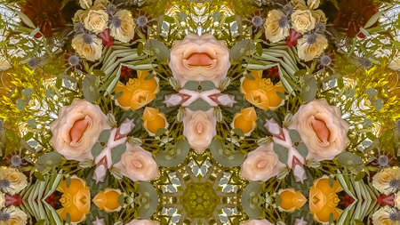 Panorama frame Pink and yellow flowers made into a circular design for backgrounds. Geometric...