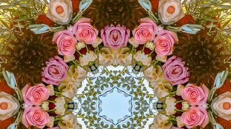 Panorama frame Pink flowers and green leaves made into an abstract shape at sunset for a California...