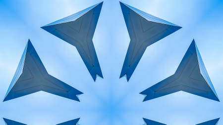 Panorama Star shape made with eight sides from metal. Geometric kaleidoscope pattern on mirrored axis of symmetry reflection. Colorful shapes as a wallpaper for advertising background or backdrop.の写真素材