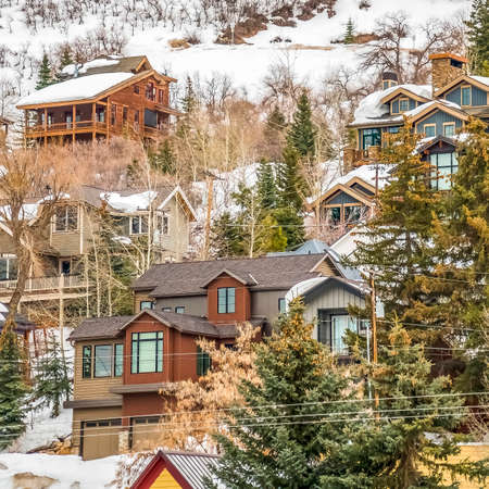Square Multi storey residences built on a mountain blanketed with fresh snow in winter. Lush coniferous trees can also be seen around the houses.の写真素材