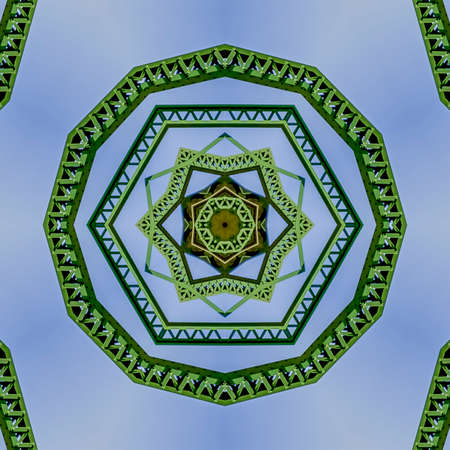 Square Symmetrical angular circle design created from doubling a photo of a green bridge in...