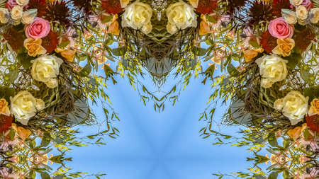 Panorama frame Floral design with interesting angles and colorful flowers.の写真素材