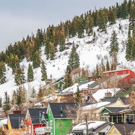 Square frame Houses with colorful walls built on a mountain covered with snow in winter. Lush coniferous trees can also be seen under the cloudy gray sky.の写真素材
