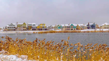 Panorama frame Silvery lake with yellow grasses on the snow covered shore in winter seasonの写真素材