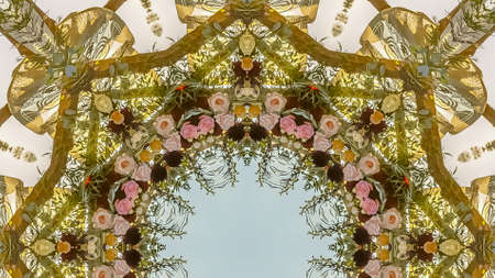 Panorama Circular floral design at wedding in California with roses and other flowersの写真素材