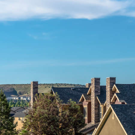 Square Beautiful houses on a neighborhood surrounded by trees and grassy terrainの写真素材