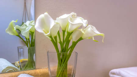 Panorama Tray with towel flowers and soap placed on top of the bathroom vanity counterの写真素材