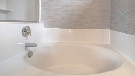 Panorama frame White and grey contemporary bathroom interior close. A home interior showing a...