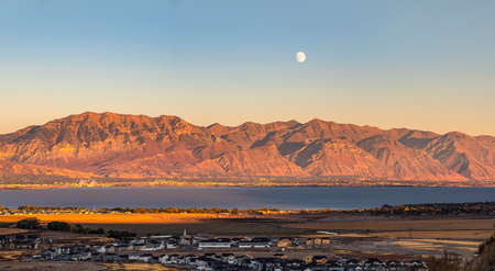 Moon rising over Provo Canyon, Utah Lakeの写真素材