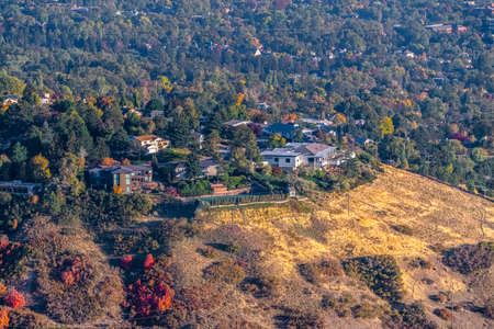 Suburban properties on a mountain slope with trees in evening light at Salt Lake City, Utah