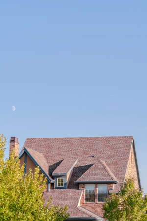 Steeply pitched house roof with dormer windows viewed past leafy green trees under a sunny blue sky