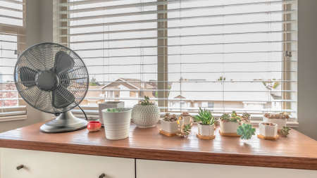 Pano Home interior with potted cacti and electric fan on cabinet against bay window. Houses and...