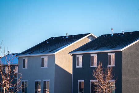 Simple grey American houses viewed from low angle with bare trees and thin layer of frost on the...
