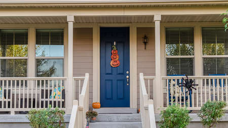 Panorama frame Steps to an elevated front door of a house decorated with potted plants and the...