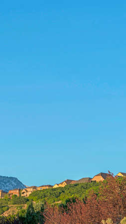 Vertical Homes on a hill with clear blue sky and snowy mountain view in the background