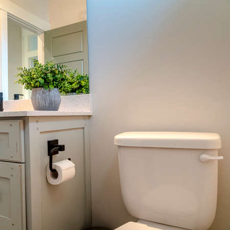 Photo Square frame Vanity cabinet and toilet inside the bathroom of home with white wallの写真素材