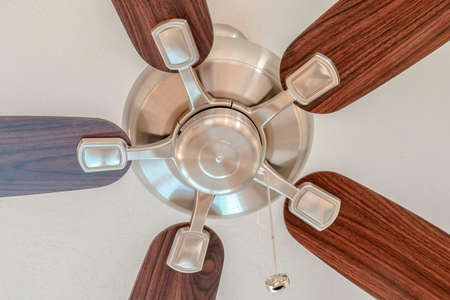 Ceiling fan with wooden blades and lights mounted on the ceiling of a home. Close up of ventilation and lighting fixture inside a family home.の写真素材