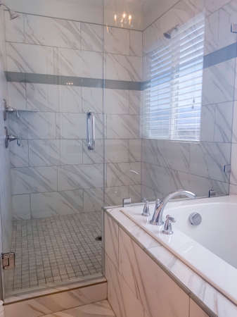 Bathroom interior with shower area and bathtub separated by glass door. Two shower heads are mounted...