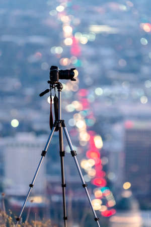 Camera on a tripod above Salt Lake Cityの写真素材