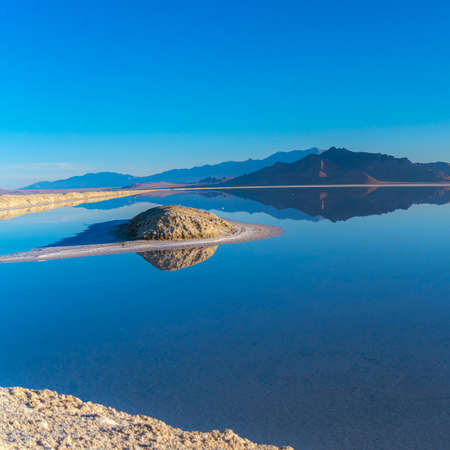 Square frame Blue sky reflected in Bonnievale Salt Flats, Utahの写真素材