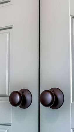 Vertical Matte black round door knobs of a double door with paneling inside a home. Bedroom interior...