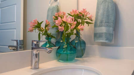 Panorama Sink and stainless steel faucet on white countertop with flowers on vases. Towel on metal...