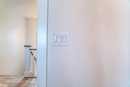 Electrical light switch and wall mounted temperature sensor inside a houseの写真素材
