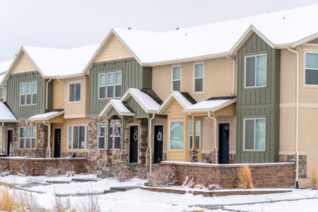 Facade view of apartment with snowy yard and roof against white sky in winterの写真素材