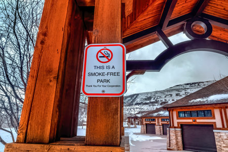 This Is A Smoke Free Park sign against building and mountain on snowy winter dayの写真素材
