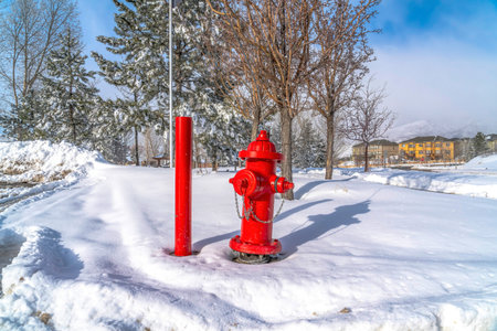 Vibrant red fire hydrant and pole against nature landcsape of snow in winterの写真素材