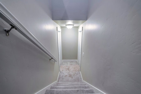 Home interior with stairway leading down to two doors and brightly lit corridorの写真素材