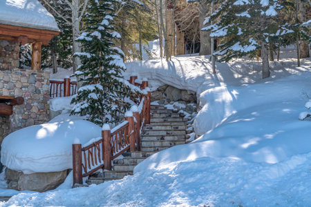 Neighborhood on a snowy mountain terrain with outdoor stairs at home entranceの写真素材
