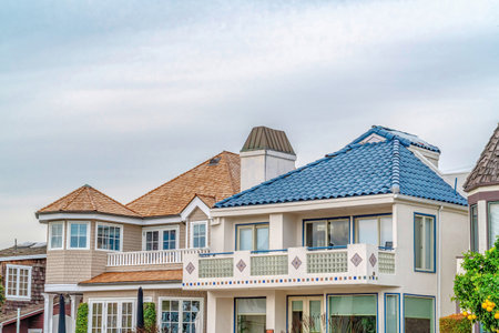 Facade of elegant houses in scenic Long Beach California coastal neighborhoodの写真素材