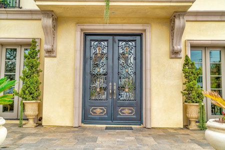 Double door with decorative wrought iron and glass panes at the house entranceの写真素材