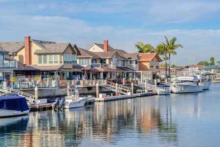Houses in Huntington Beach California overlooking the beautiful harbor sceneryの写真素材