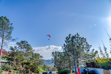 Parachuter flying over road homes and trees in San Diego California neighborhoodの写真素材