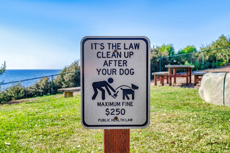 Clean Up After Your Dog sign against green grass and sky in San Diego Californiaの写真素材