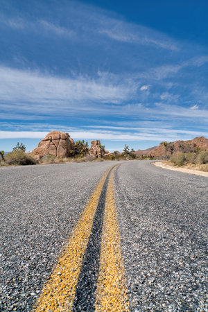 Road at Joshua Tree National Park amidst huge rocks and Joshua tree plants