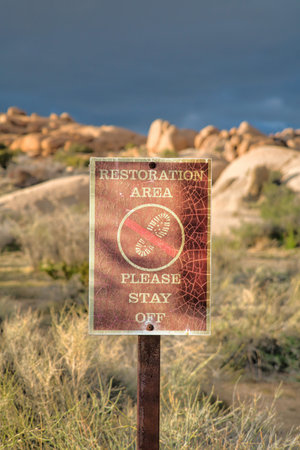 Restoration Please Stay Off warning sign at Joshua Tree National Parkの写真素材