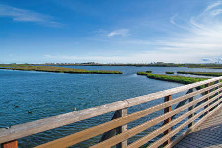 Bolsa Chica Ecological Reserve wetlands viewed from wood bridge on a sunny dayの写真素材