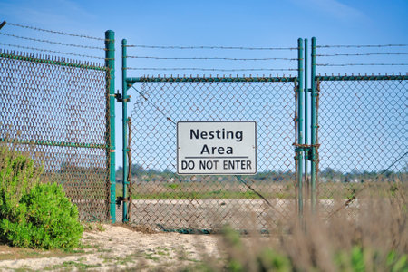 Do Not Enter sign on green fence at Bolsa Chica Ecological Reserve nesting areaの写真素材