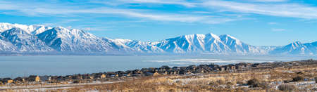 Beautiful scenery at Saratoga Springs in Utah with Mount Timpanogos viewの写真素材