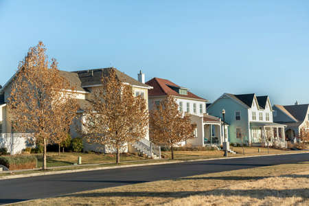 Residential area with colorful large buildings and a view of a clear sky