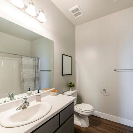 Square frame Bathroom interior with wooden flooring and vanity sinkの写真素材