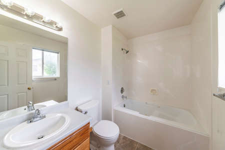 Bathroom interior with window and shower tub with acrylic wall panel